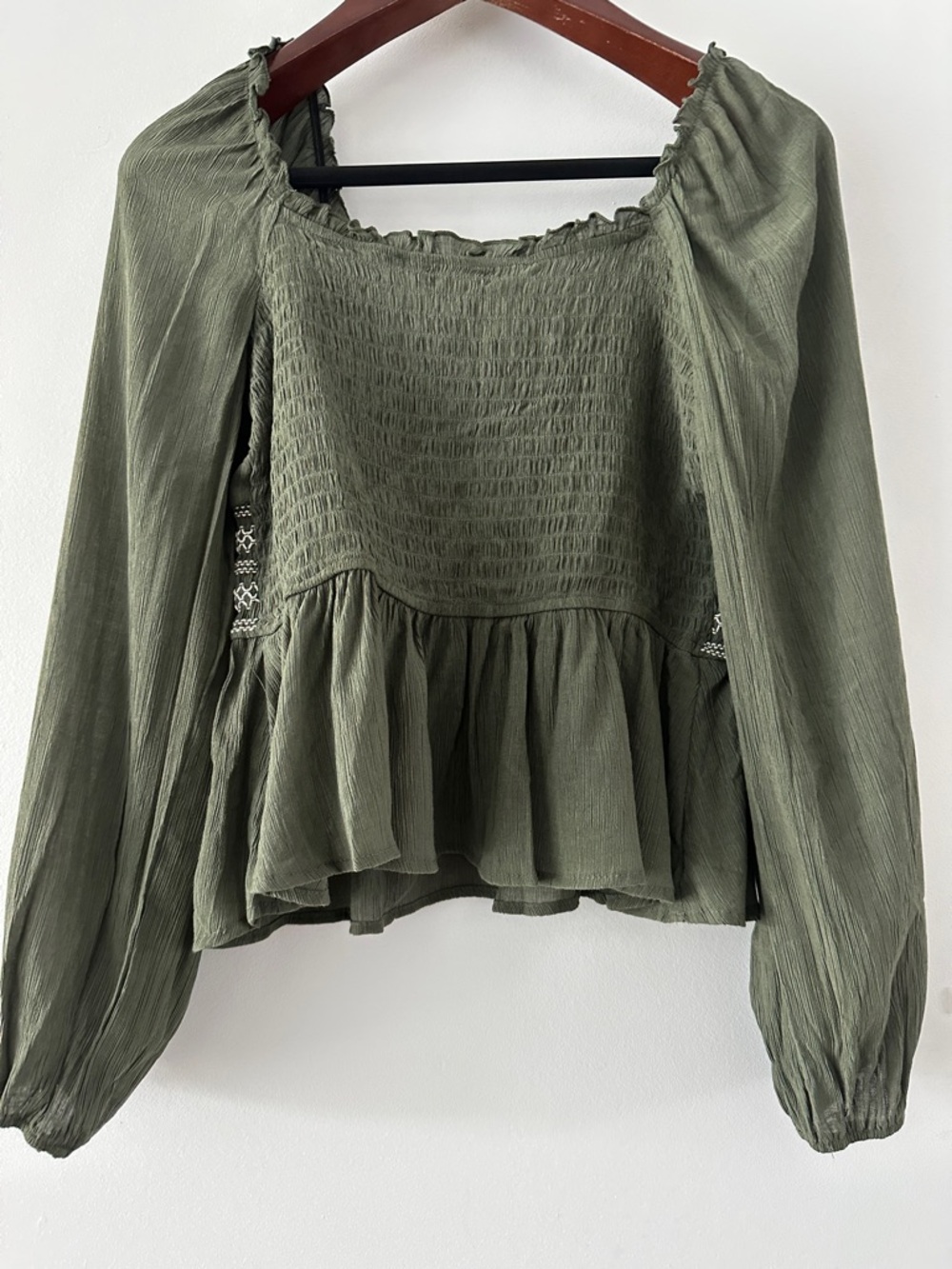 Francesca's Collections Olive Peasant Blouse with Smocked Waist - Picture 7 of 10